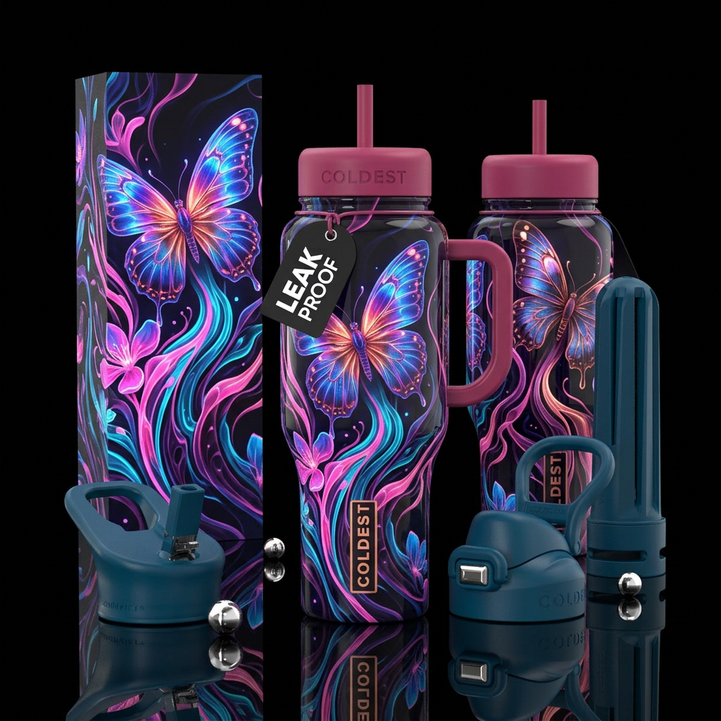 adventurous, bioluminescent, cherry blossom season... water bottle design
