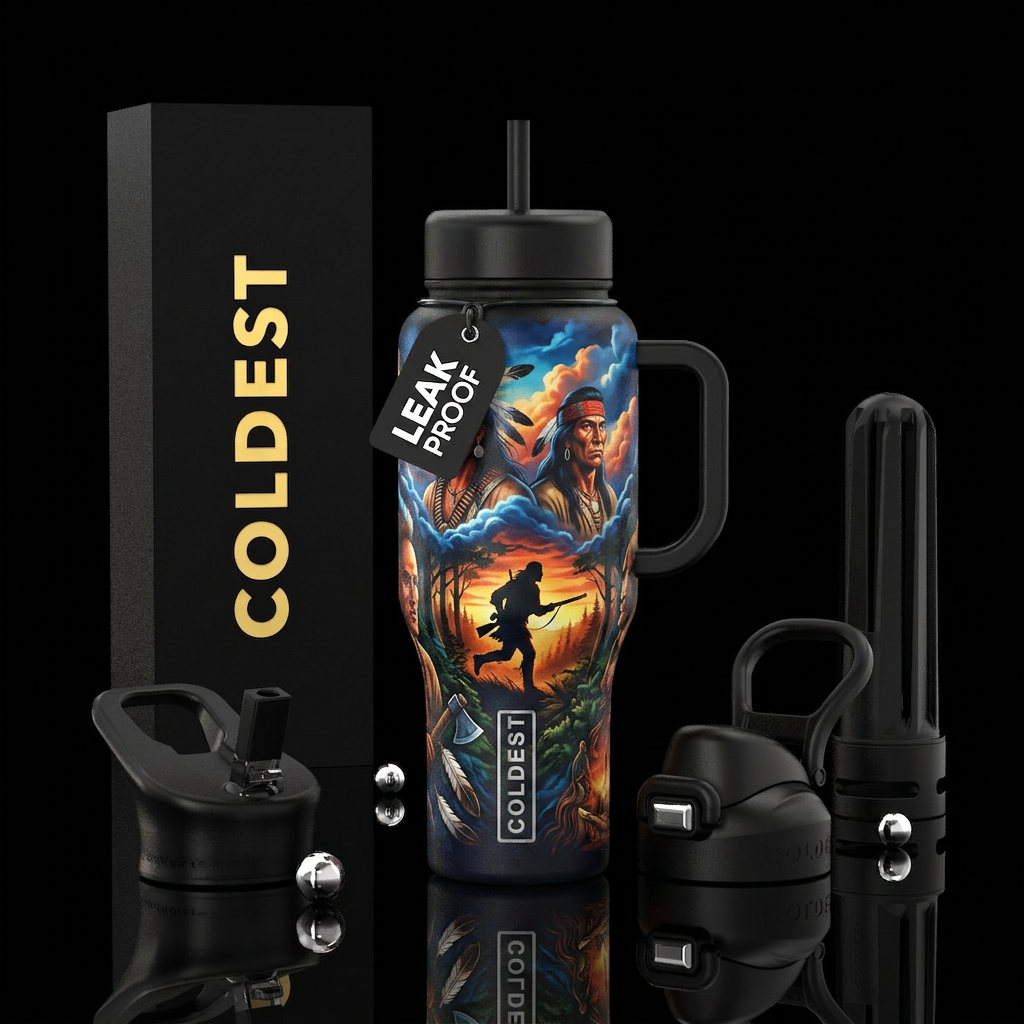 Last of the Mohicans, clouds, flowing, fierce, bri... water bottle design
