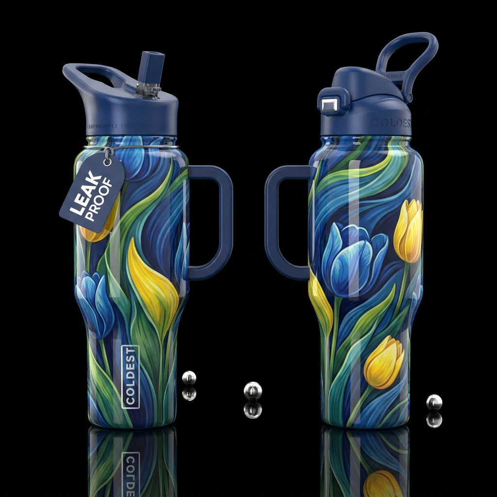 sapphire, tulip fields, elegant, wavy, flowing, gl... water bottle design