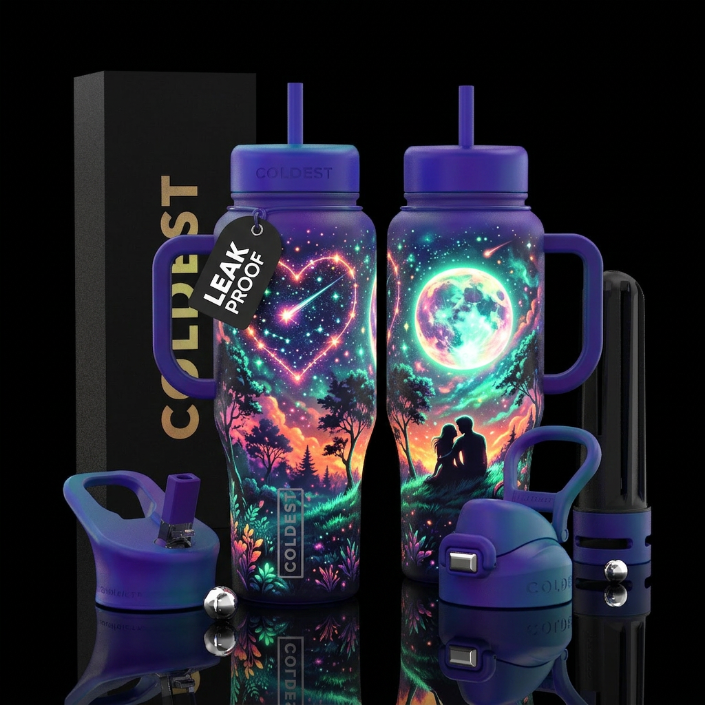 midsummer, romantic, brilliant fluorescent colors,... water bottle design