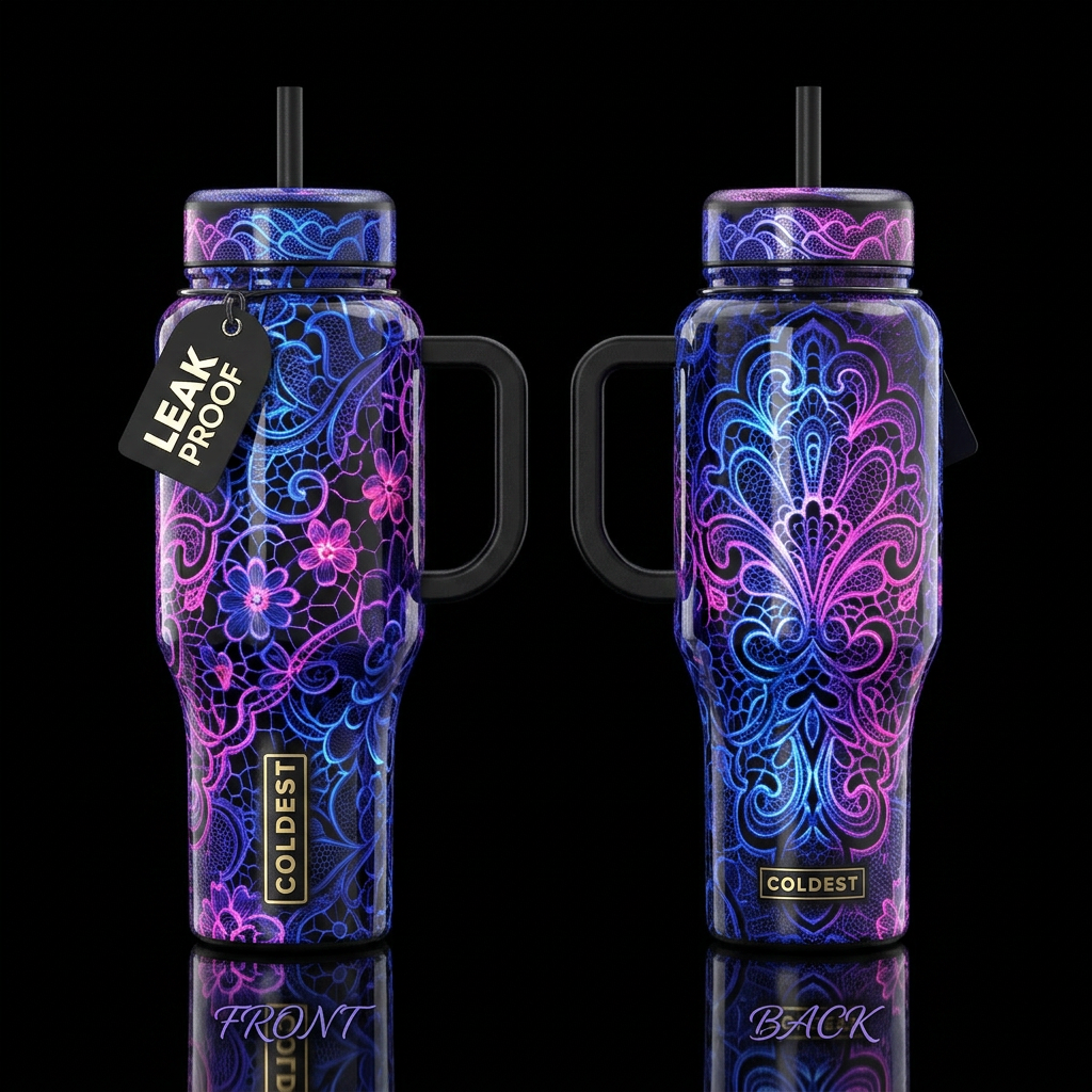 glossy, realism, please show both the front and ba... water bottle design
