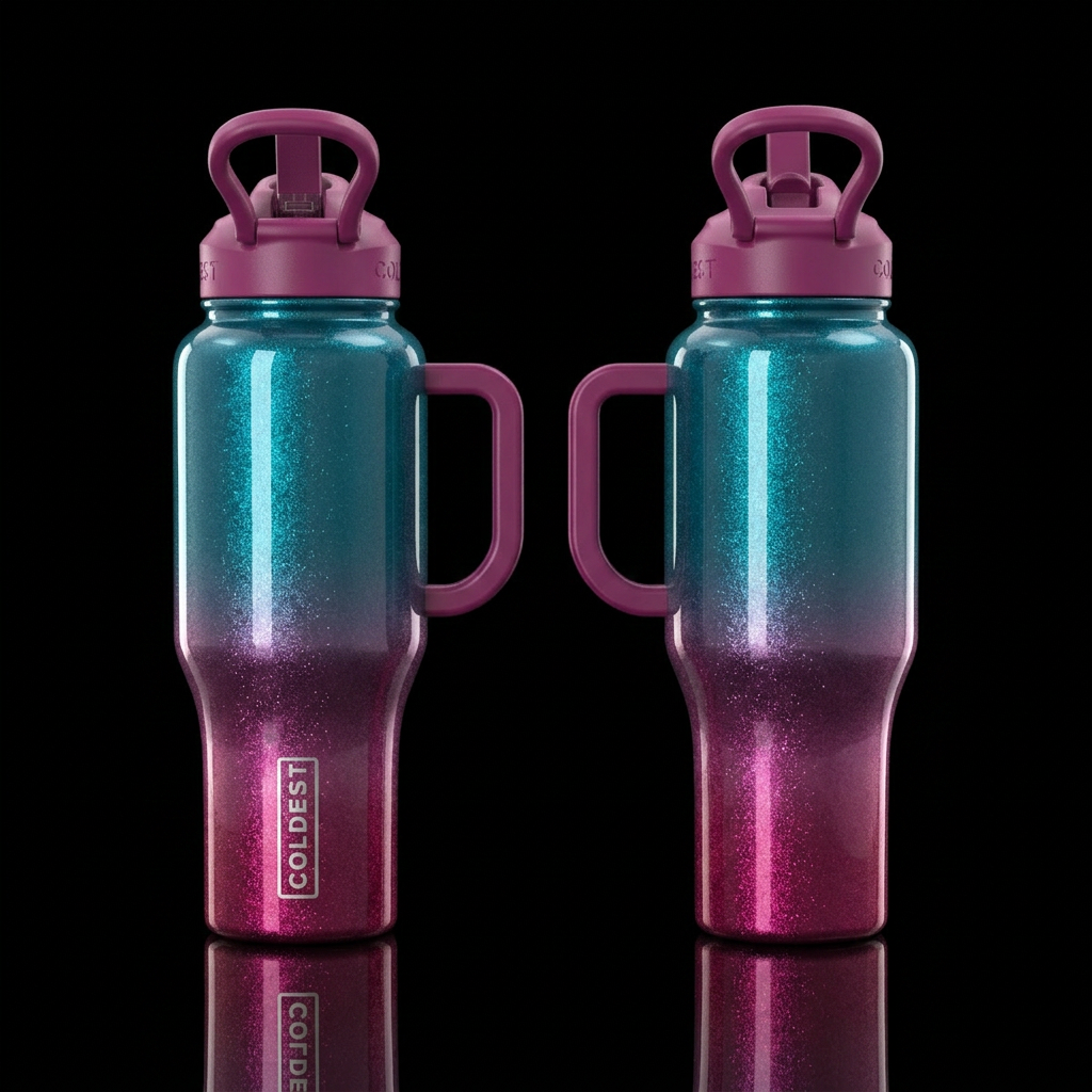 glossy, realism, please show both the front and ba... water bottle design