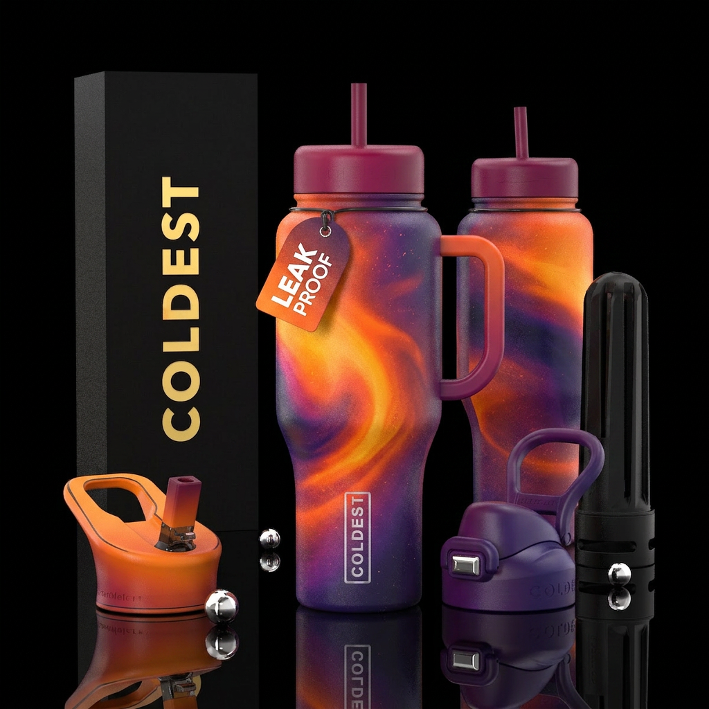 glossy, realism, please show both the front and ba... water bottle design
