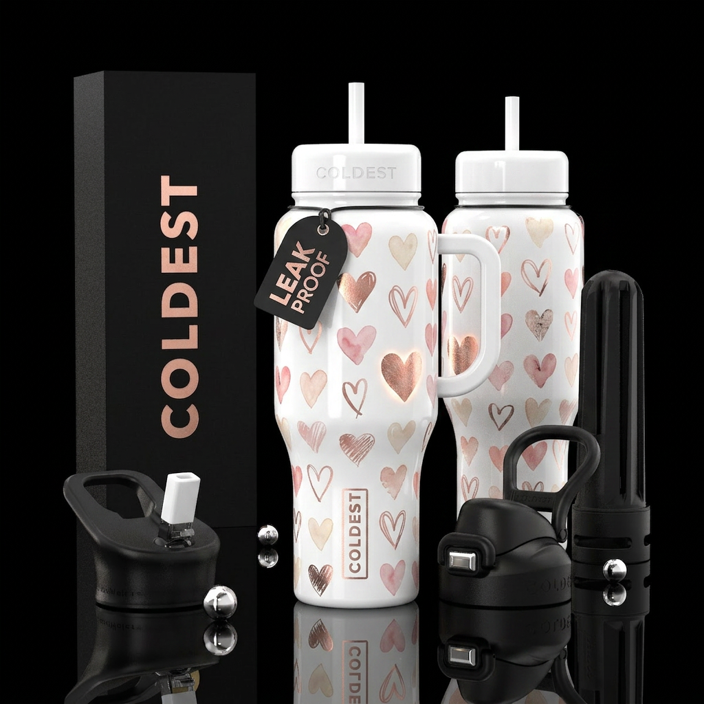 valentines, watercolor, random hand drawn hearts, ... water bottle design