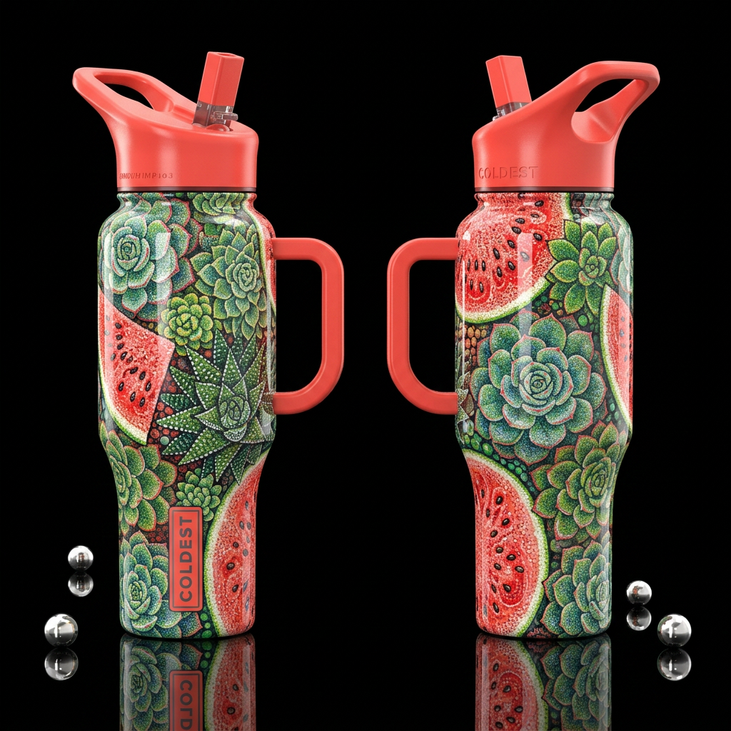 glossy, realism, please show both the front and ba... water bottle design