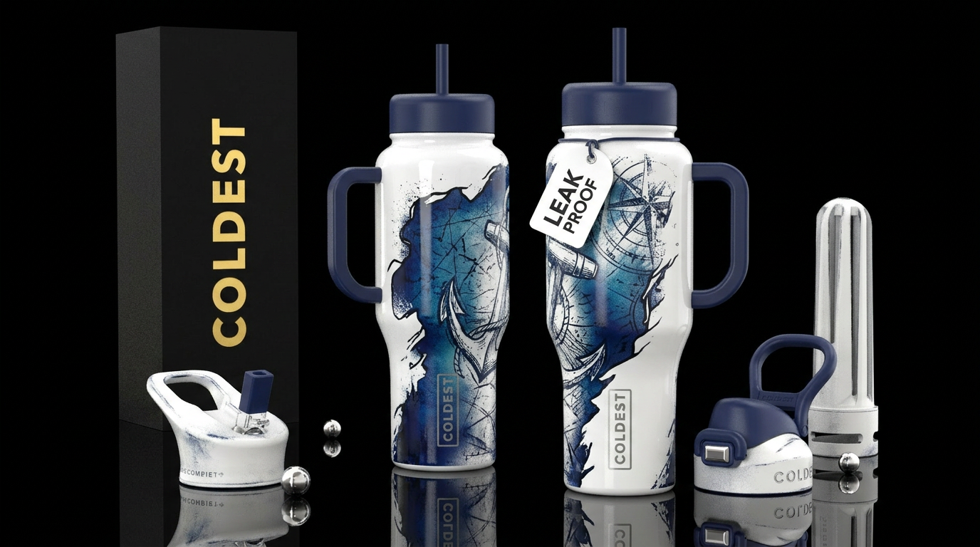 glossy, realism, please show both the front and ba... water bottle design