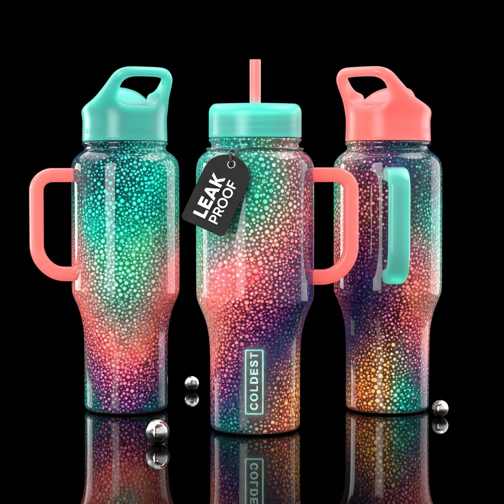 glossy, realism, please show both the front and ba... water bottle design