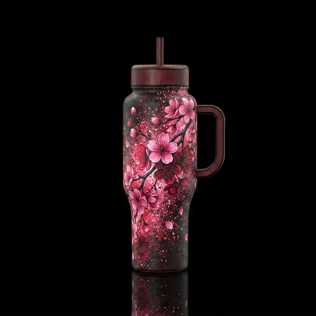 cherry blossom season, splatter, gritty, glowie, p... water bottle design