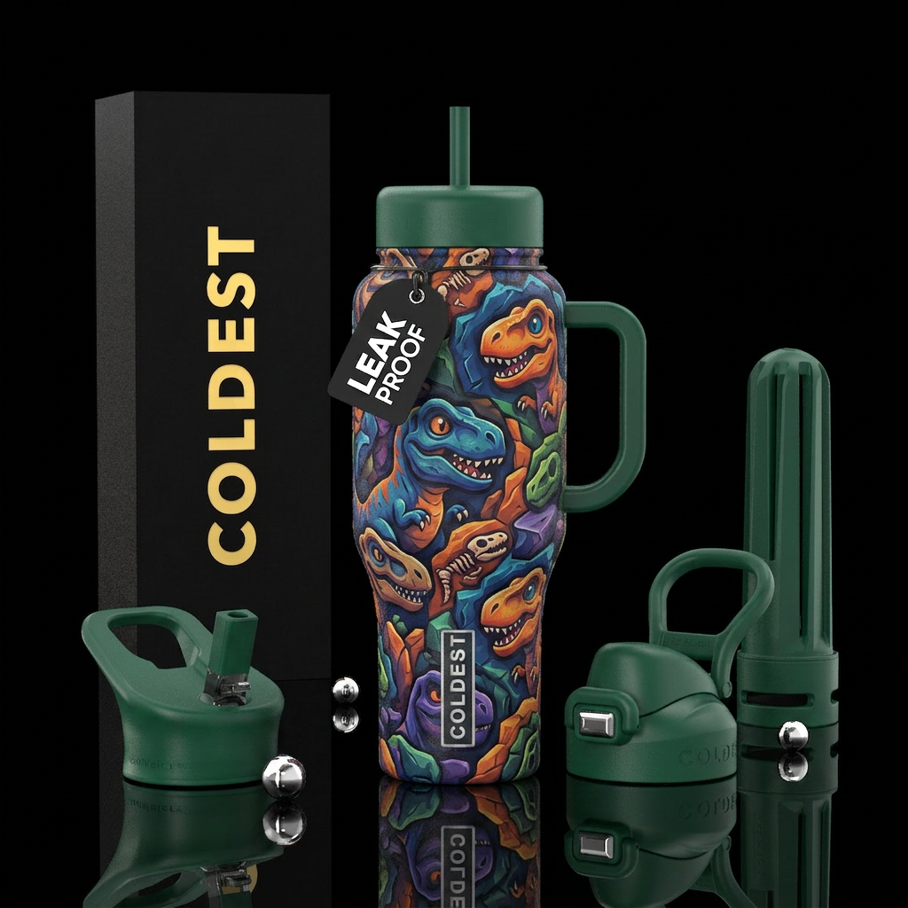 cute baby t-rex, seamless, abstract, rugged water bottle design