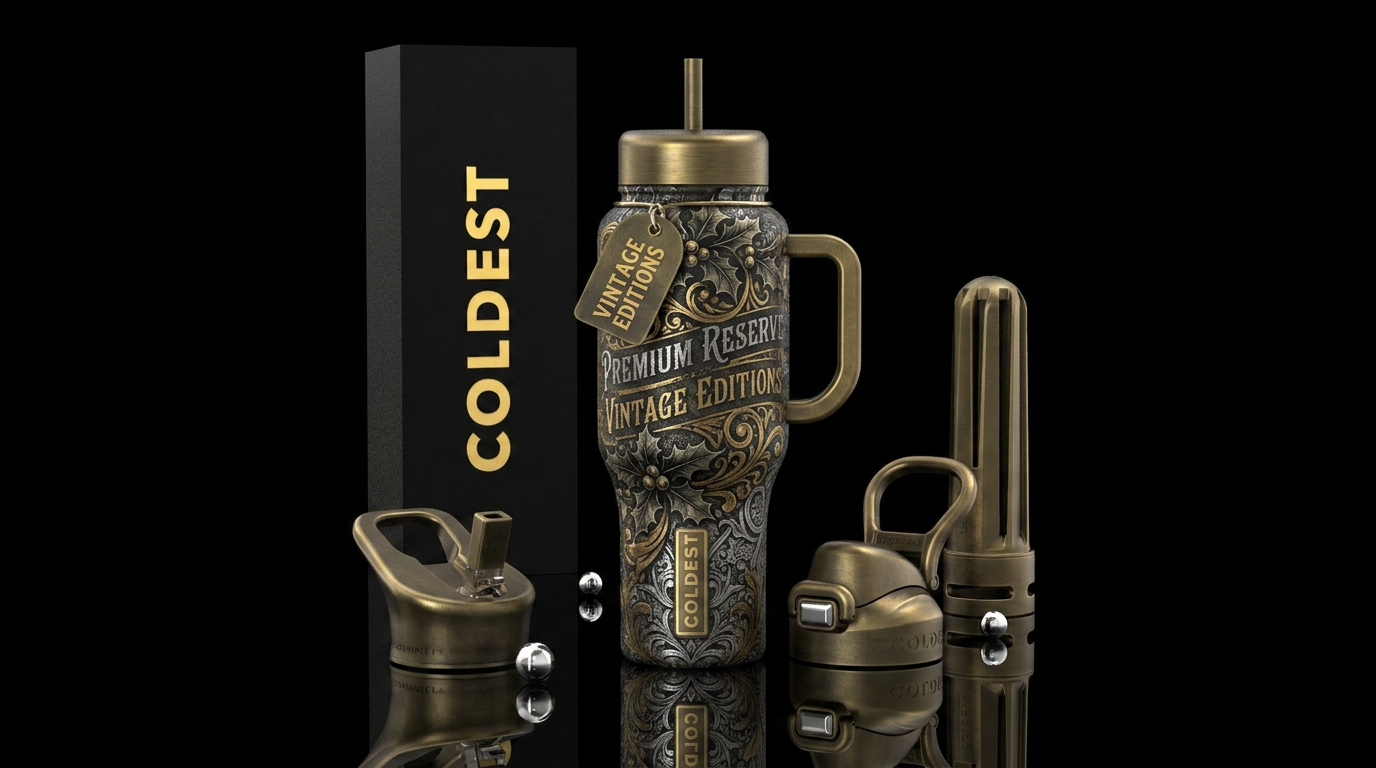 vintage, edgy, Christmas, luxurious, elegant water bottle design