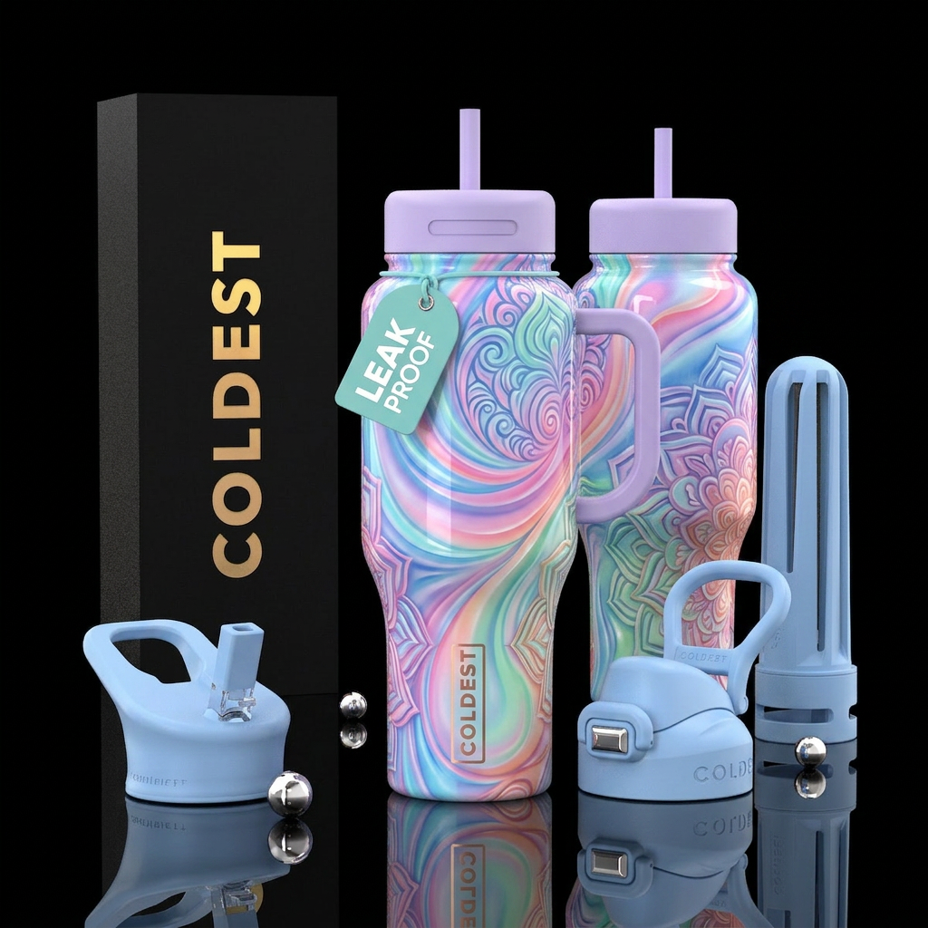 flowing, glossy, please show both the front and ba... water bottle design