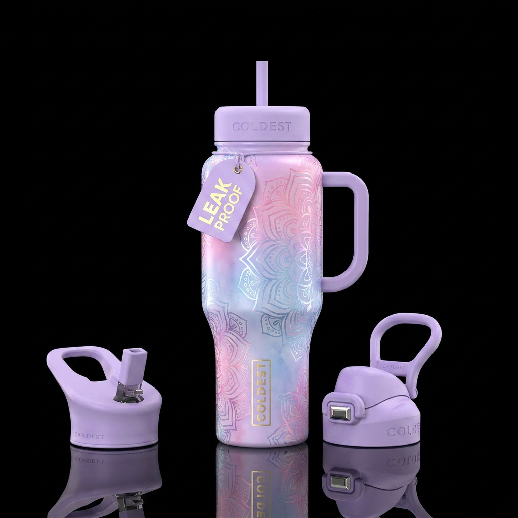 flowing, shiny, please show both the front and bac... water bottle design