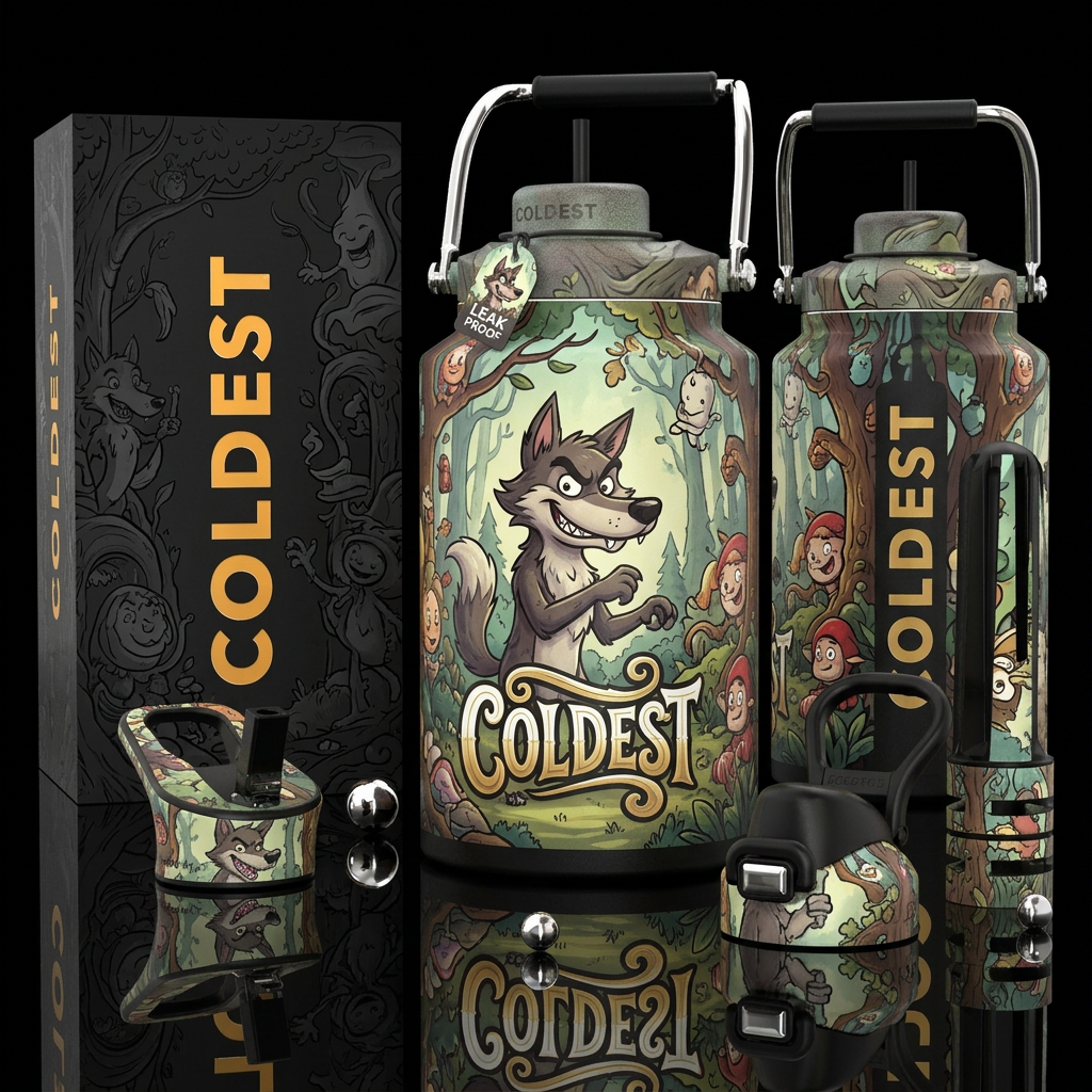 fairy tale, wolf, cartoon, whimsical, funny, gloss... water bottle design
