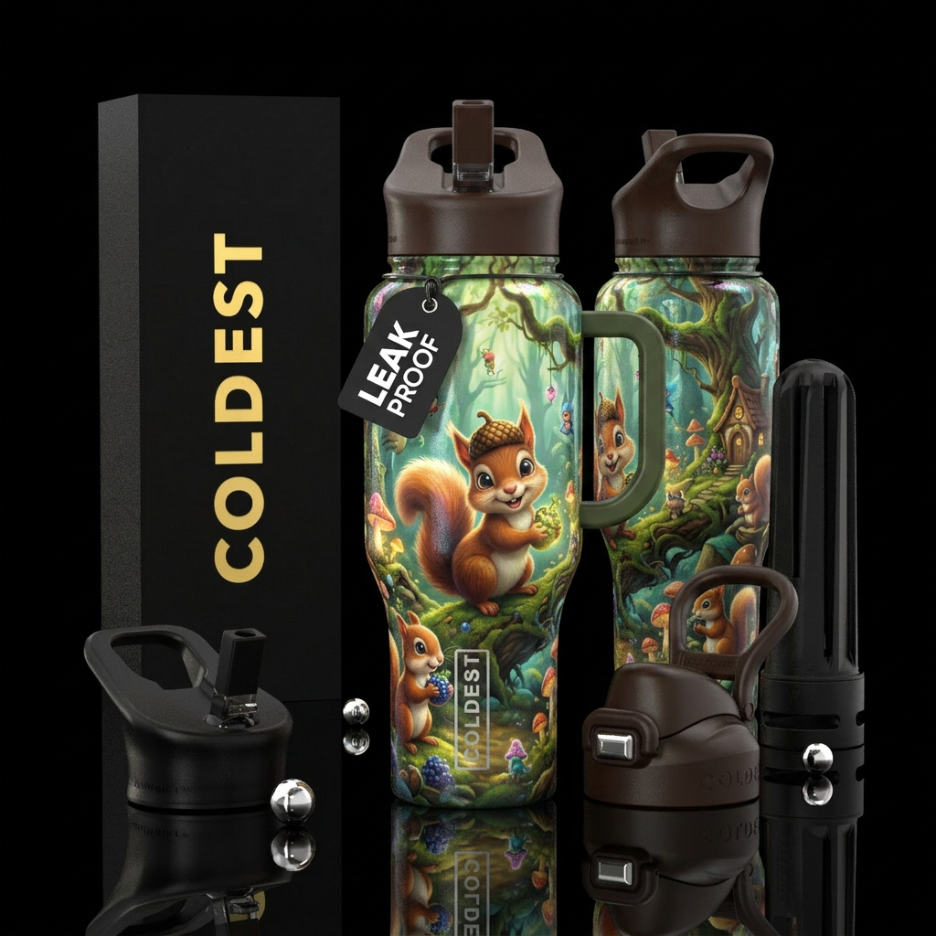 fairy tale, squirrel, cartoon, whimsical, funny, g... water bottle design