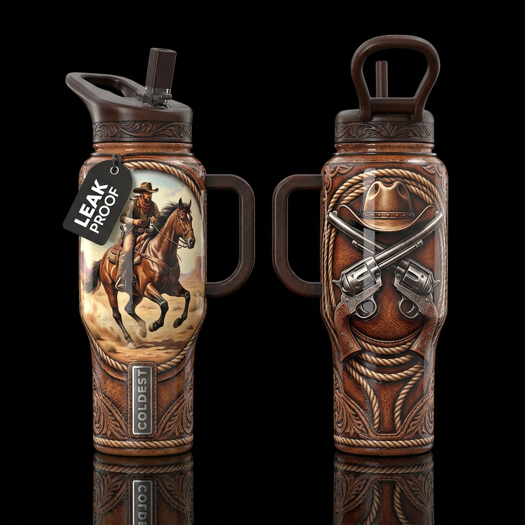 wild, horse, cowboy, two six-shooters, rugged, rop... water bottle design