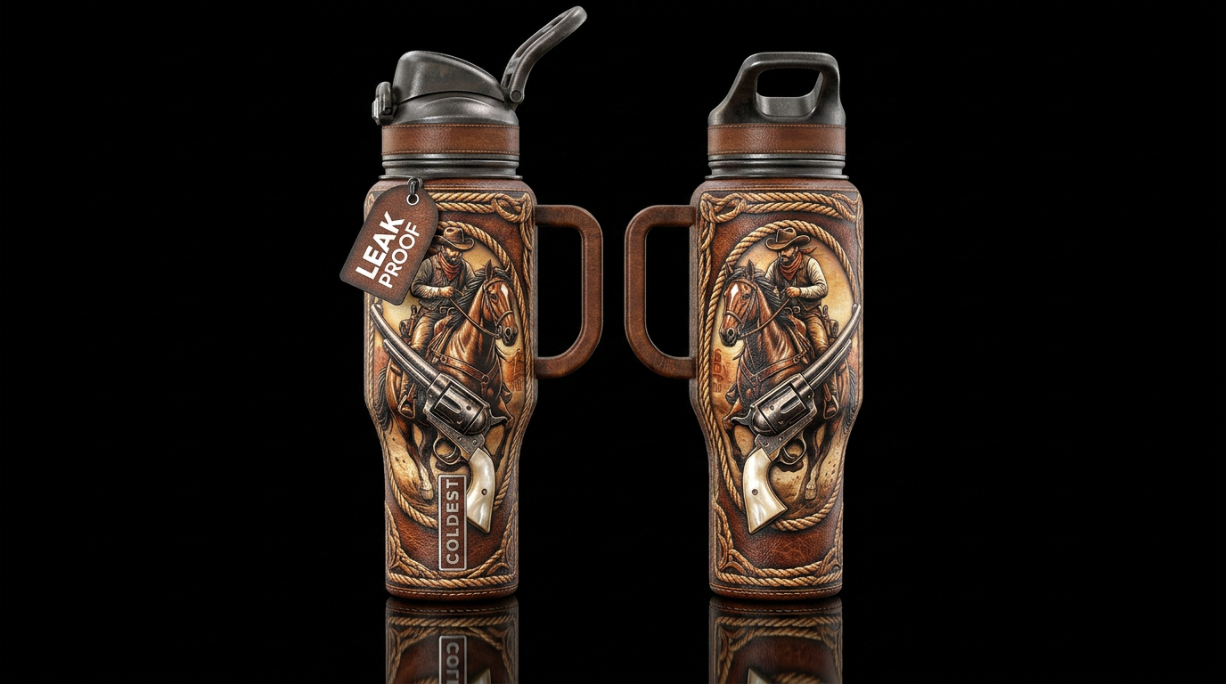 edgy, horse, cowboy, two six-shooters, rugged, rop... water bottle design