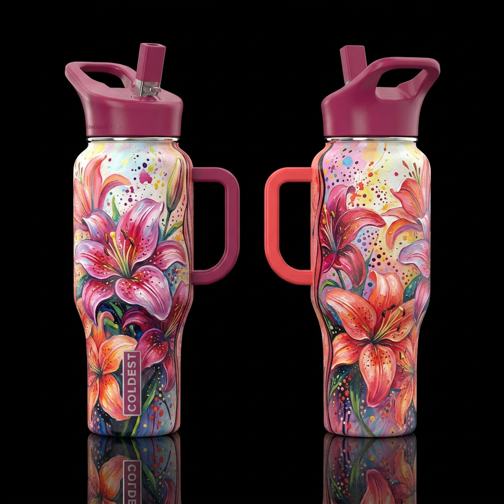 glossy, realism, please show both the front and ba... water bottle design