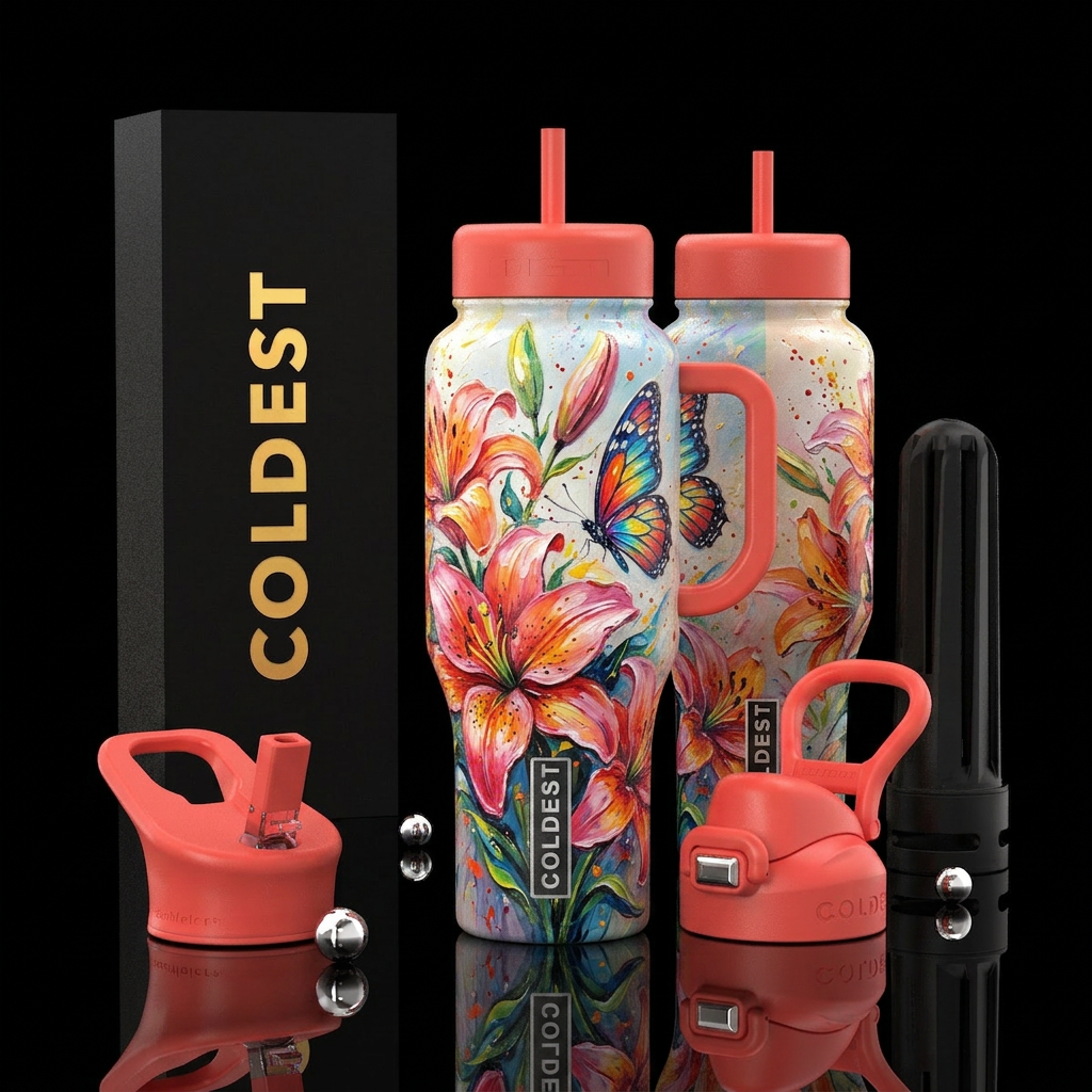 glossy, realism, please show both the front and ba... water bottle design