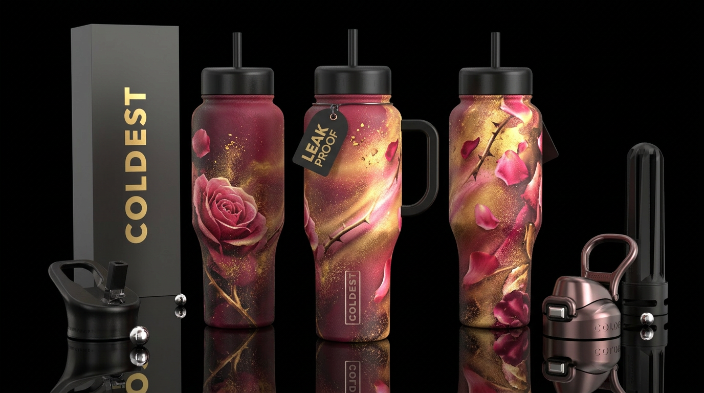 glossy, realism, please show both the front and ba... water bottle design