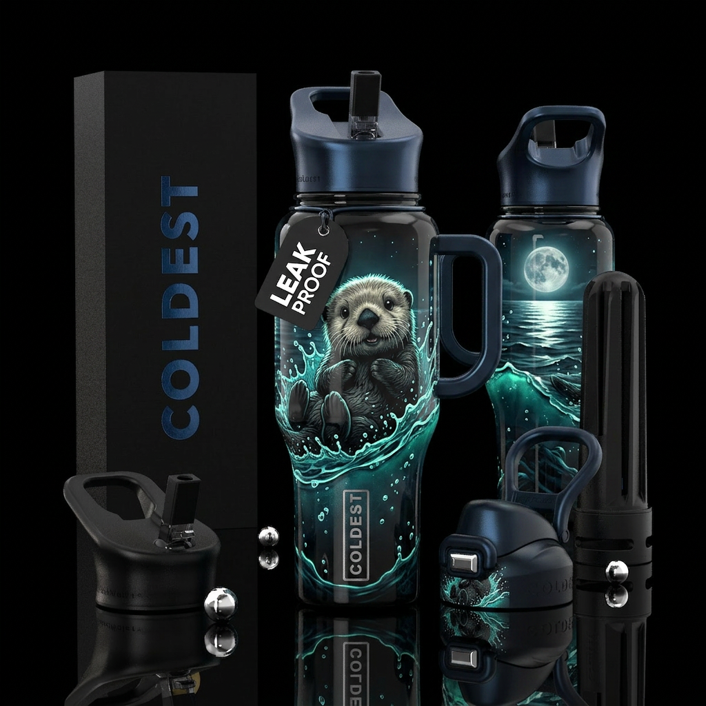 glossy, realism, please show both the front and ba... water bottle design