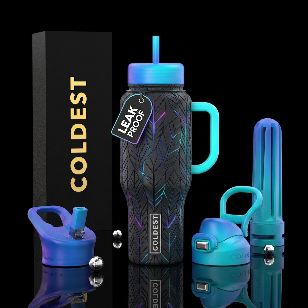 glossy, realism, please show both the front and ba... water bottle design