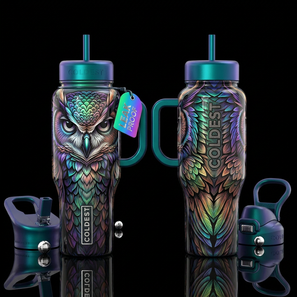 glossy, realism, please show both the front and ba... water bottle design