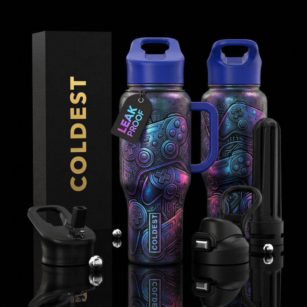 glossy, realism, please show both the front and ba... water bottle design