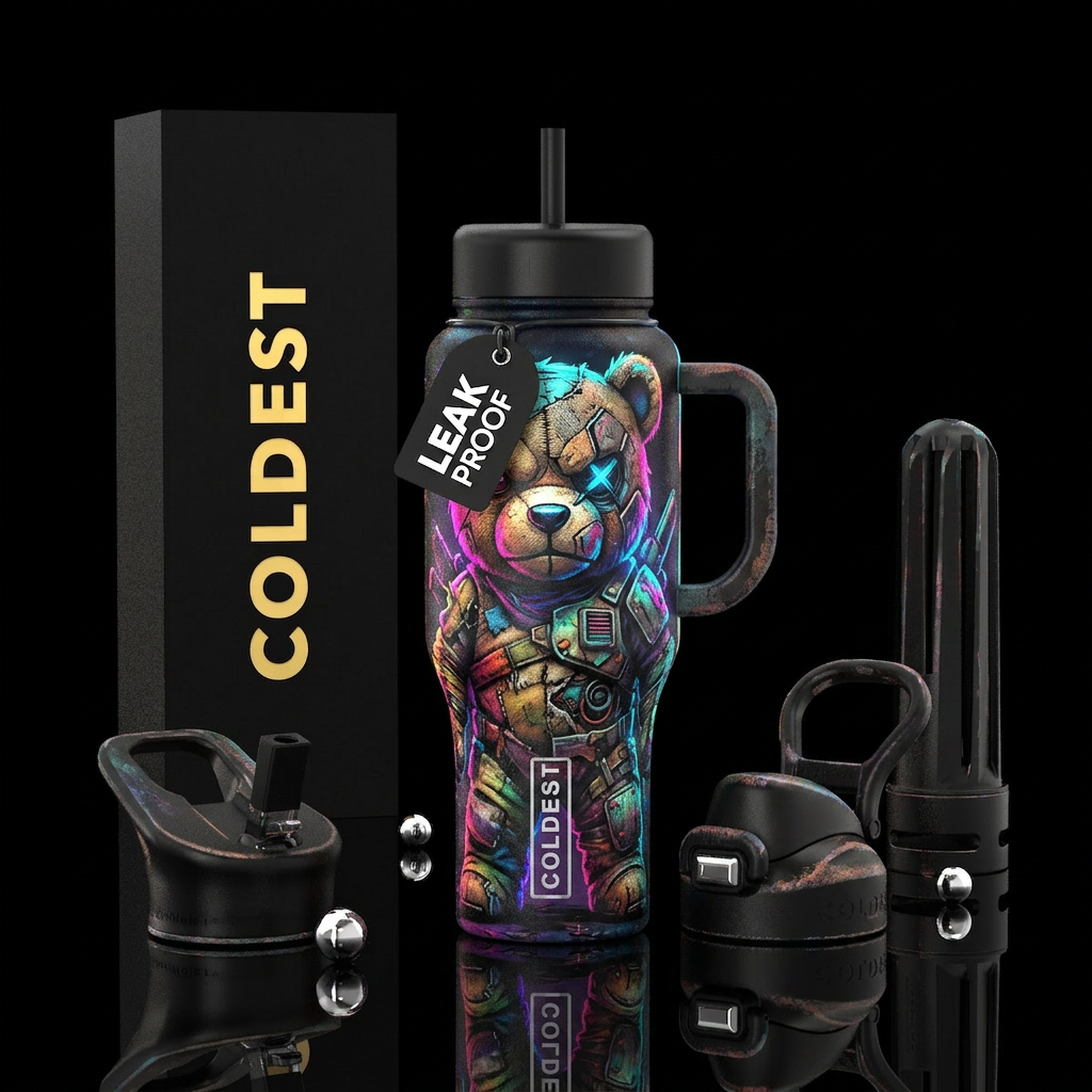 glossy, realism, please show both the front and ba... water bottle design