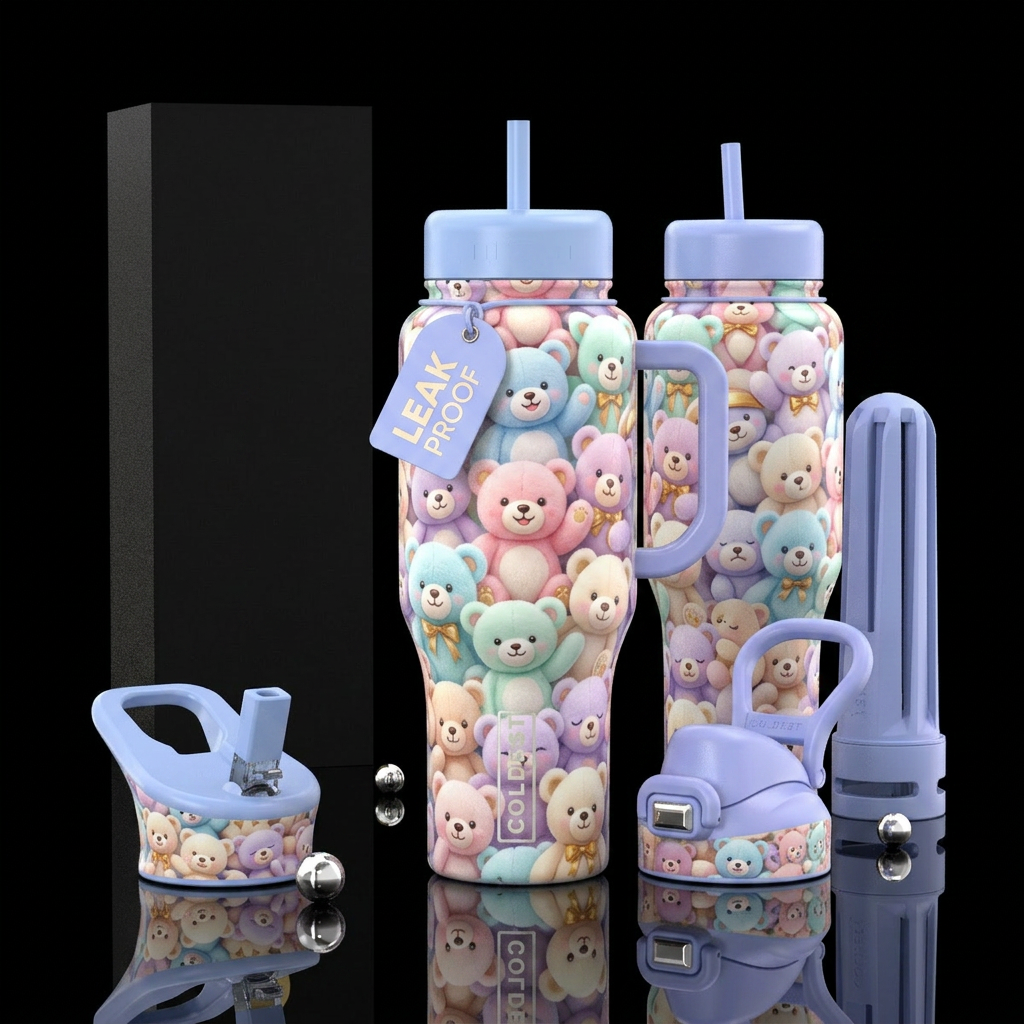 glossy, realism, please show both the front and ba... water bottle design