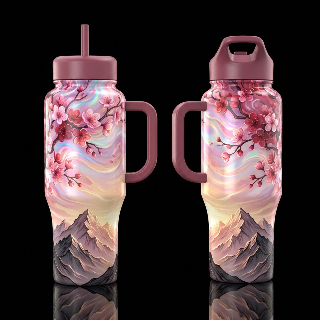realism, please show both the front and back of th... water bottle design