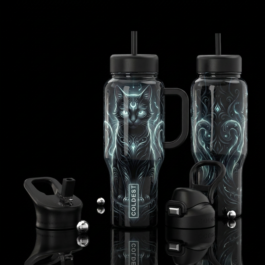 glossy, realism, please show both the front and ba... water bottle design