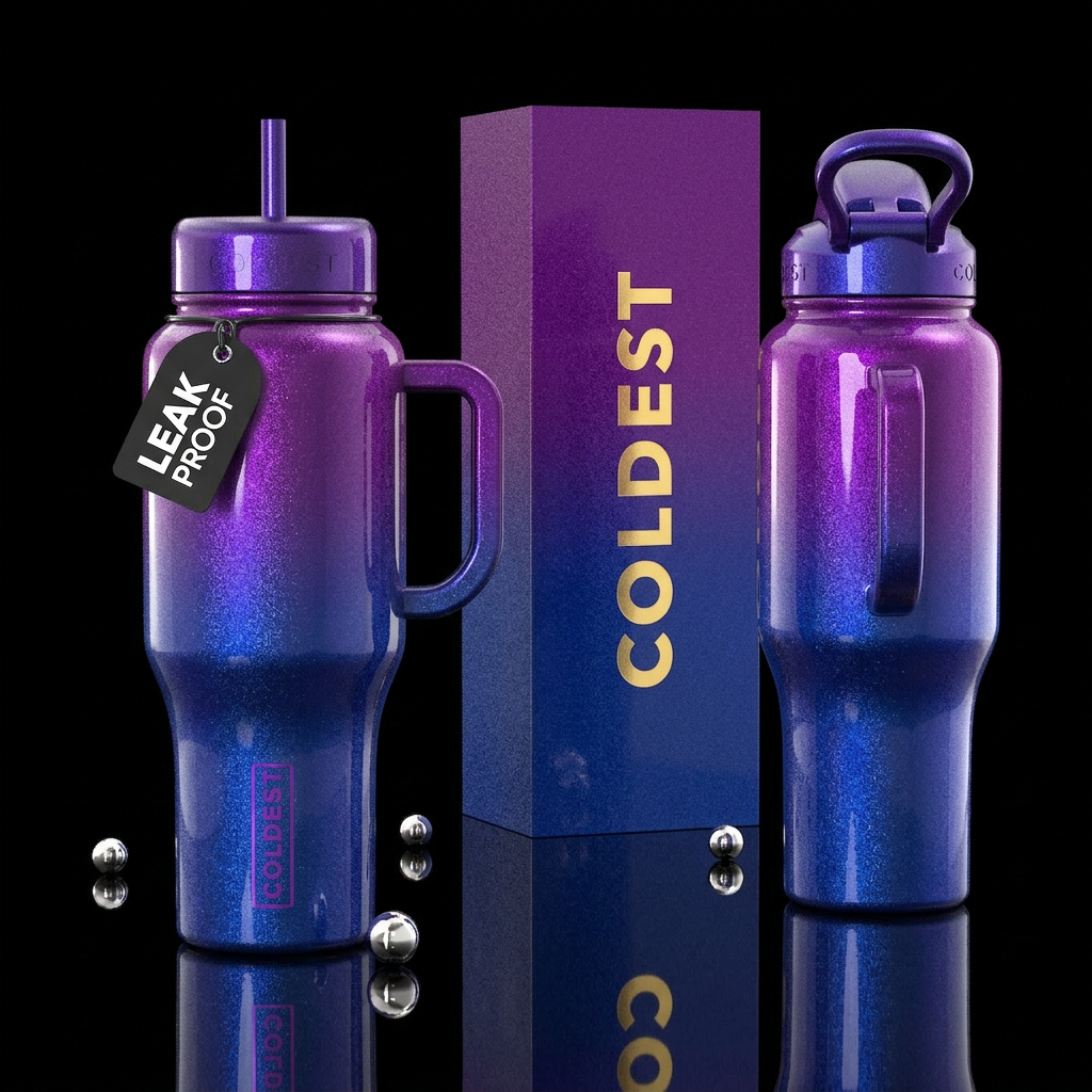 glossy, realism, please show both the front and ba... water bottle design