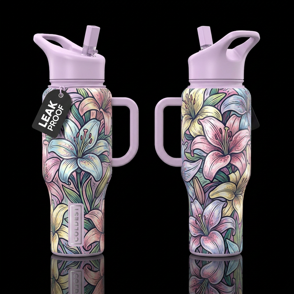 shiny, realism, please show both the front and bac... water bottle design