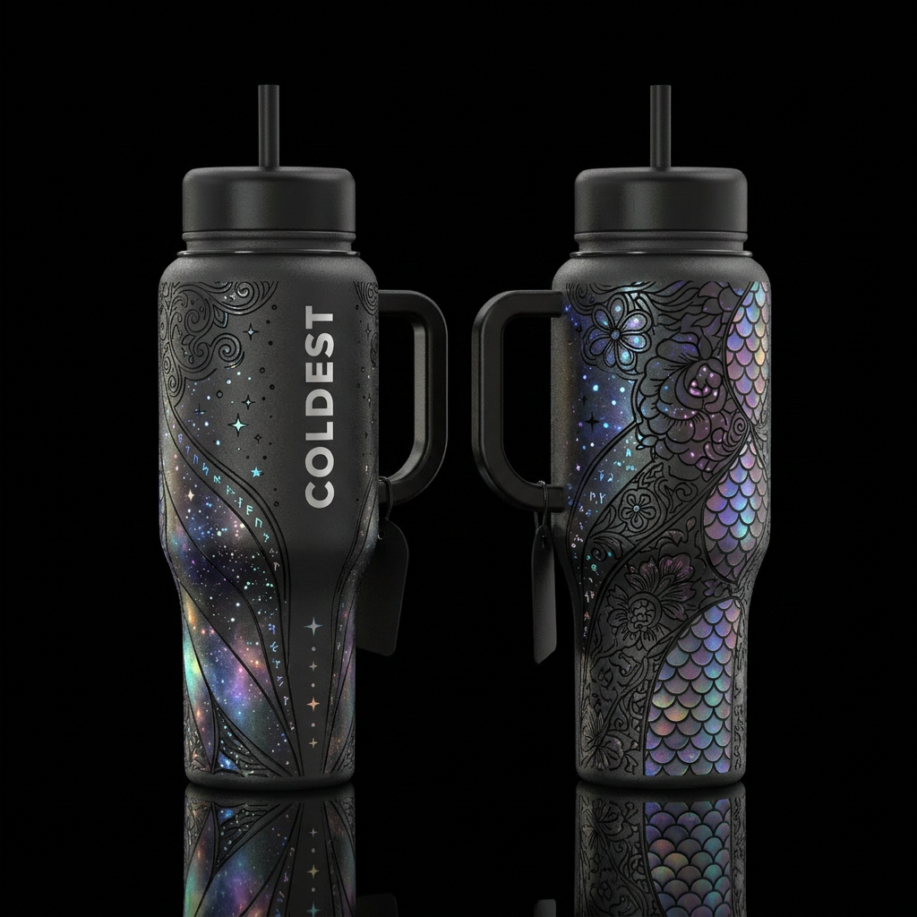shiny, realism, please show both the front and bac... water bottle design