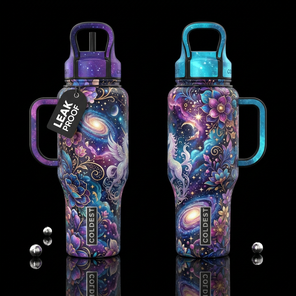 shiny, realism, please show both the front and bac... water bottle design