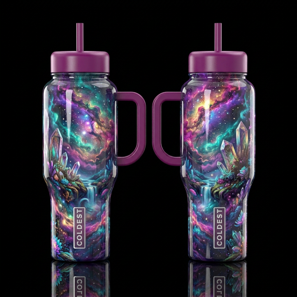 shiny, realism, please show both the front and bac... water bottle design