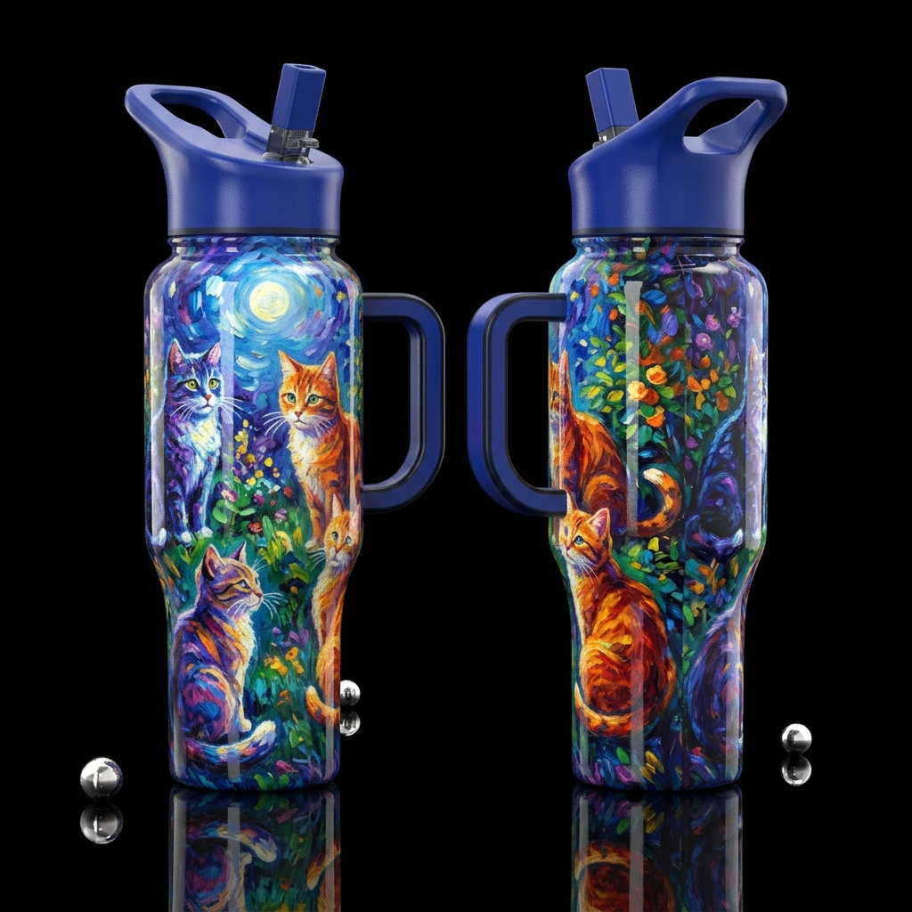 glossy, realism, please show both the front and ba... water bottle design