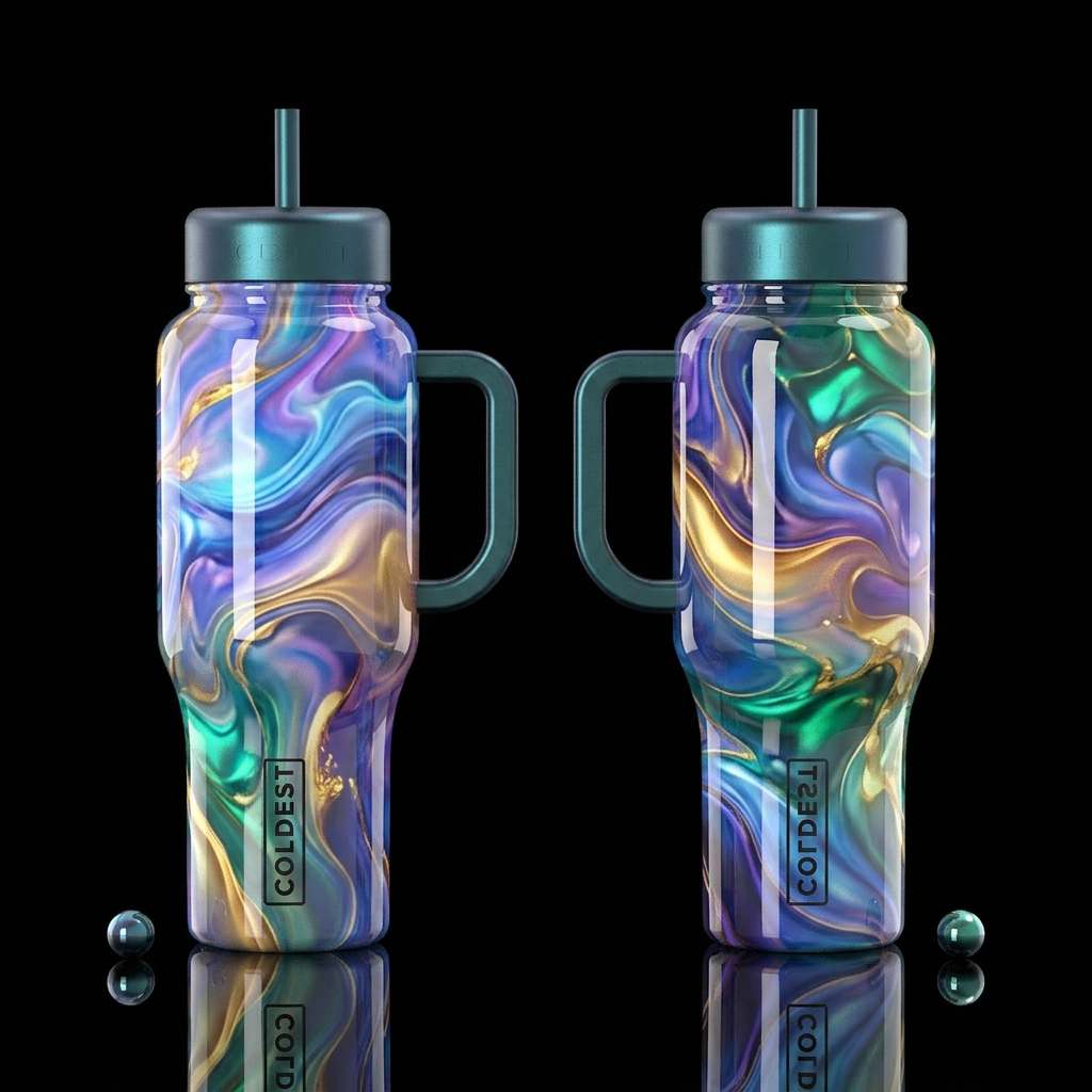 glossy, realism, please show both the front and ba... water bottle design