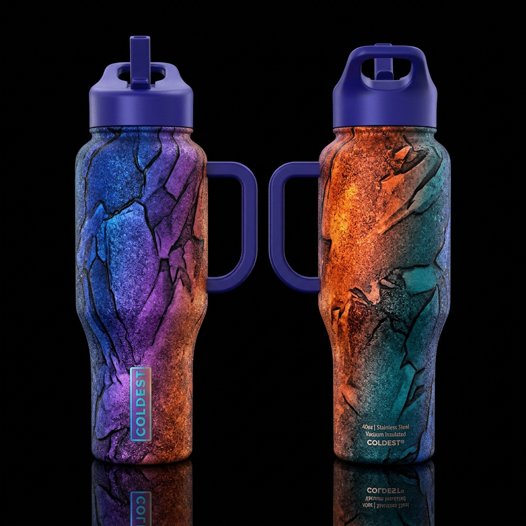 glossy, realism, please show both the front and ba... water bottle design