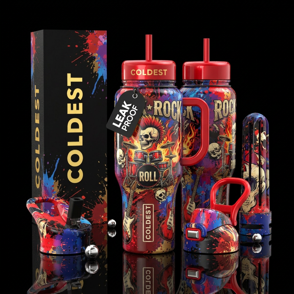 glossy, realism, please show both the front and ba... water bottle design