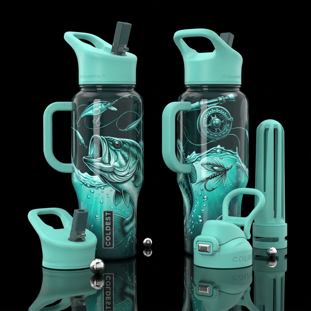 glossy, realism, please show both the front and ba... water bottle design