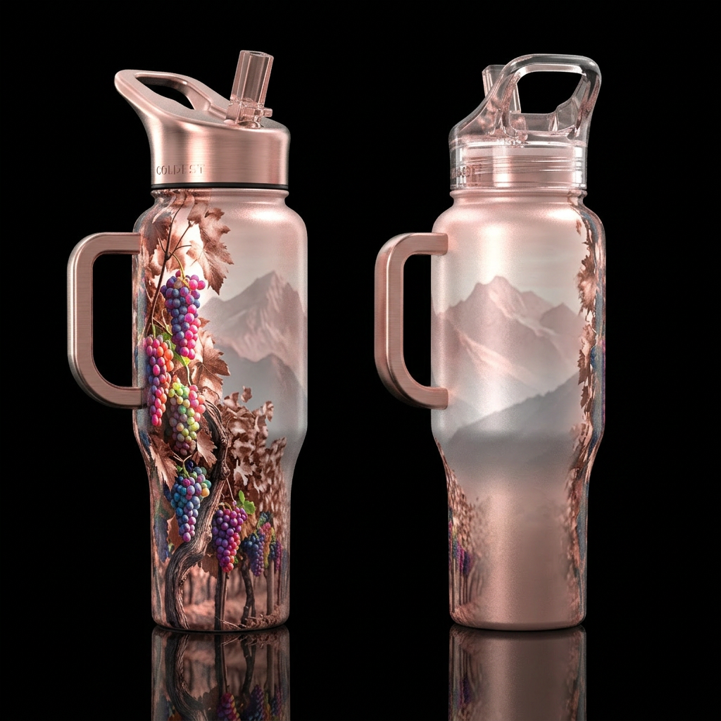 glossy, realism, please show both the front and ba... water bottle design