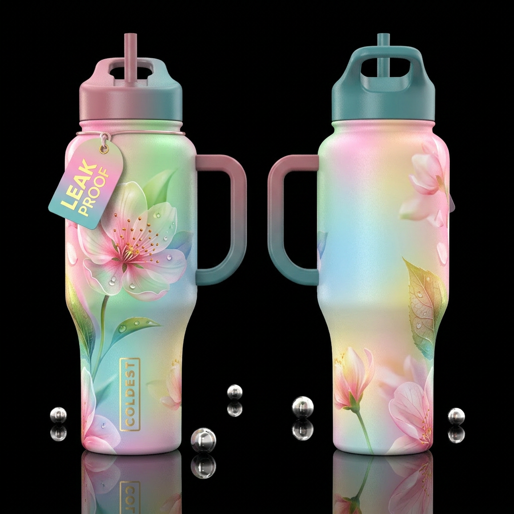 shiny, realism, please show both the front and bac... water bottle design
