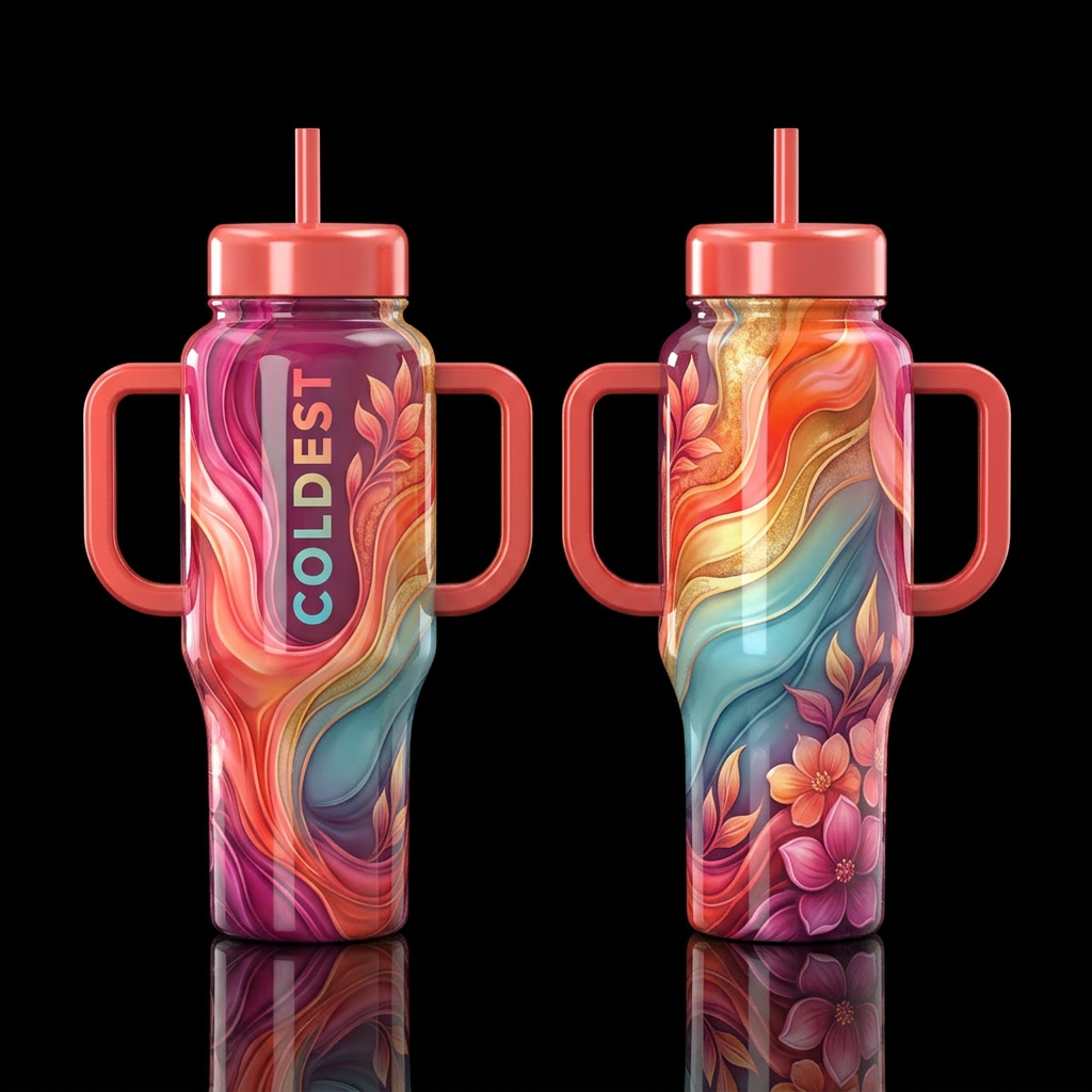 shiny, realism, please show both the front and bac... water bottle design