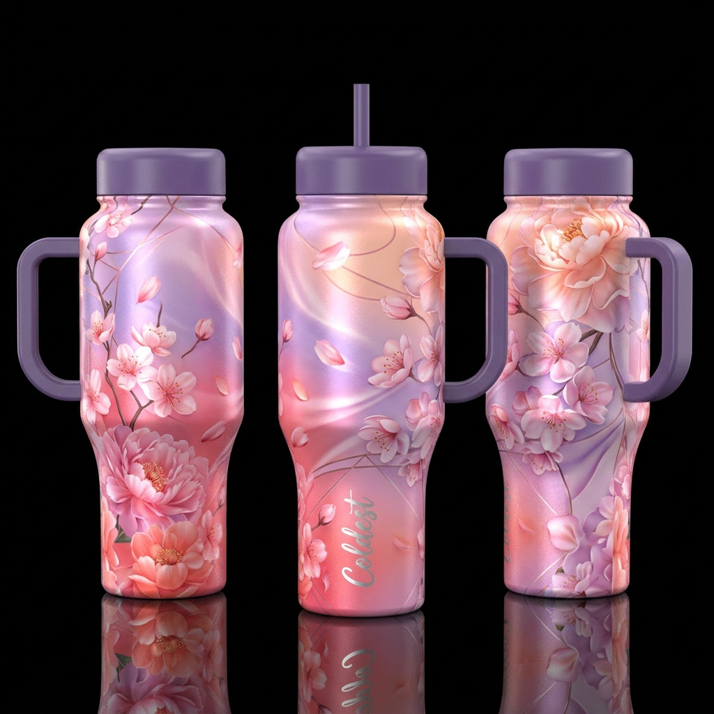 shiny, realism, please show both the front and bac... water bottle design