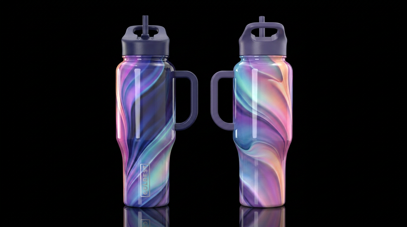 shiny, realism, please show both the front and bac... water bottle design