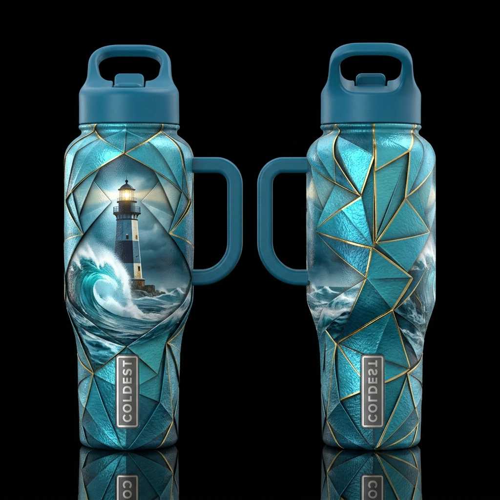 shiny, realism, please show both the front and bac... water bottle design