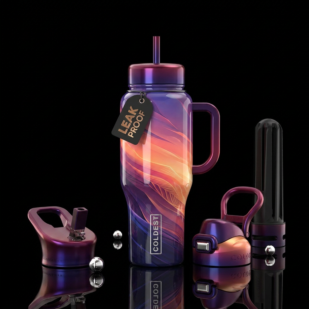 shiny, realism, please show both the front and bac... water bottle design