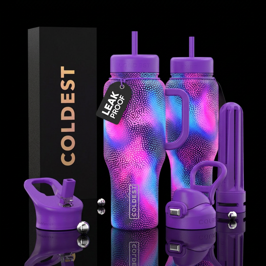 shiny, realism, please show both the front and bac... water bottle design
