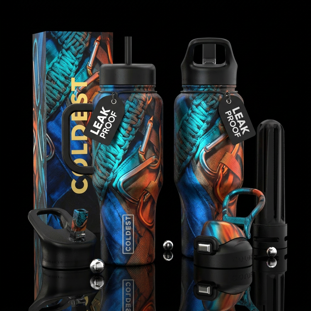 shiny, realism, please show both the front and bac... water bottle design